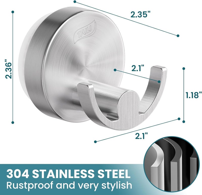 Taili 304 Stainless Steel Bathroom Suction Hooks for Towel, Bathrobe, Loofah, Patented Strong Suction Cup Holder, No Damage Hanging Glass Shower Wall Hook, Double-Hook Sleek Design, 2 Pack, Silver - Image 5